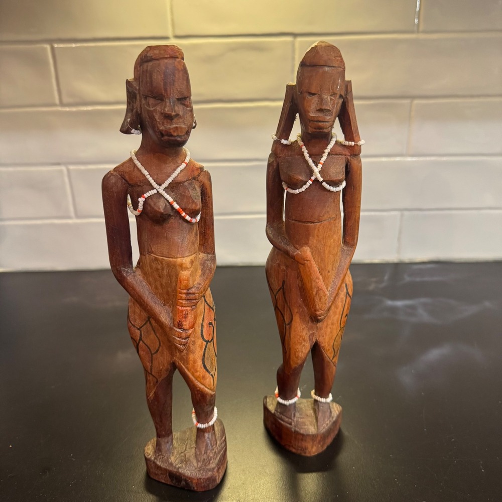 Hand Carved Wood Tribal Statues Set of 2 Brown Beaded Folk Art Figures 12in